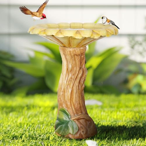 SKYFIRE 24.4" H Sunflower Bird Bath Outdoor - Fibre Reinforced Concrete Pedestal Birdbath, 19.6" Dia. Garden & Patio Decor, Weather Resistant Yard Bird Bath for Backyard Lawn - color: Sunflower Yellow