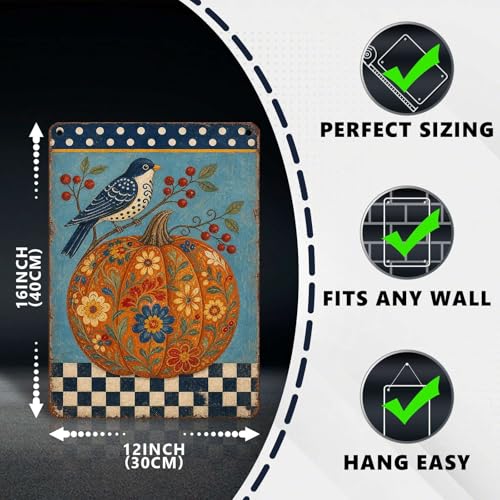Folk Art Blue Bird Floral Pumpkin Tin Sign Vintage Fall Farmhouse Wall Decor for Kitchen Dining Room Living Room Porch Entryway and Home Decor 16 * 12In - color: Vintage Thanksgiving Tin Sign 17, size: 30X40cm(12*16in)