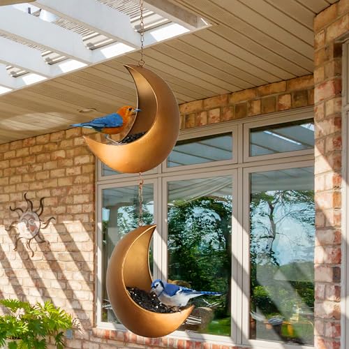 Double Hanging Moon Bird Feeder – Unique Metal Bird Feeders for Outdoors, Antique Gold, Rust-Resistant, Drain Holes – Wild Bird Feeder for Bluebirds, Cardinals, Finches, and Backyard Birdwatching