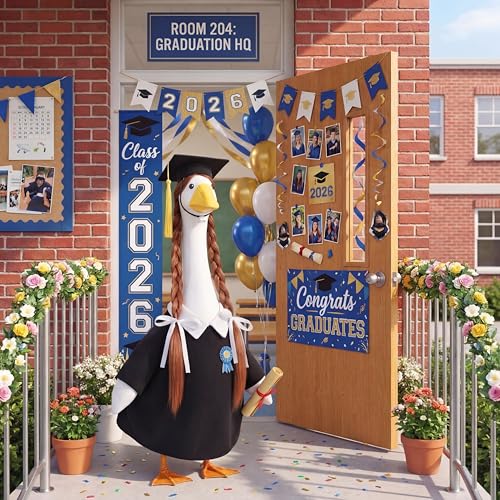 Abbylike Graduation Porch Goose Outfits Graduation Cap with Gold Tassel and Wig Yard Goose Costume Clothes Fits Large 23'' Cement for Garden Yard Statue Lawn Pathway Decorations - style: Graduation