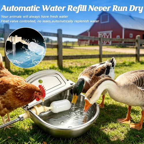 Automatic Chicken Waterer Stainless Steel with Drainage Hole | with Float Valve, Extended Pipe, Replacement Valve, Outdoor Auto Self Filling Water Bowl for Chicken,Duck,Poultry
