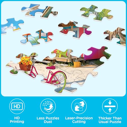 500 Piece Puzzle for Adults, Beach House Jigsaw Puzzle | Colorful Seaside Cottage Puzzle with Palm Trees and Pink Bicycle, Large Piece Puzzles, Fun and Challenging Family Games - style: Red houses on the beach