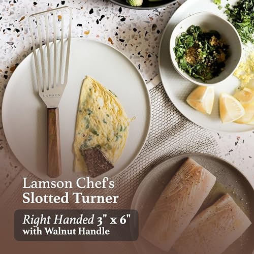 Lamson Slotted Fish Spatula – Flexible Stainless Steel Turner with Walnut Handle | Right-Hand Chef's Frying and Grilling Turner, 3" x 6", Made in USA - color: Walnut RH, size: 3" x 6", style: Right Handed