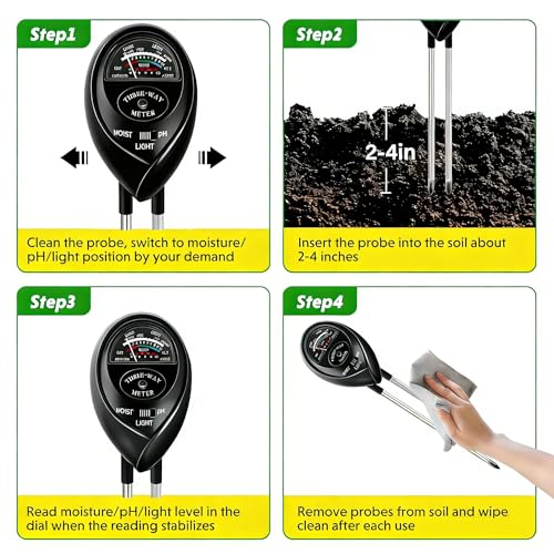 3-in-1 Soil Moisture Meter, Test Soil Moisture, Upgraded Stainless Steel Probe Soil pH/Light/Moisture Meter for Plants, Soil Test kit, Soil Tester for Garden, Farm, Lawn, Indoor & Outdoor - color: BLACK