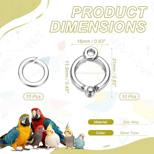 Bird Foot Rings, Parrot Metal Leg Ring Outdoor Fly Training Activity Opening Clip Accessories 11.5mm/0.45" ID, (Silver Tone, 10 Set), Intended for Small Medium Large Birds - size: 11.5mm/0.45" ID