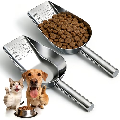 Mity rain 2PCS Dog Food Scoop Stainless Steel with Long Handle | Precise Measuring Cups, 1, 3/4, 1/2, 1/4 Cup, Pet Scoop for Cats, Rabbits, Animals, Metal Spoon for Dog Food Storage (2 CUP) - size: 2.0 CUP