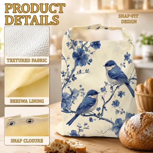 2 Pack Reusable Beeswax Blue Birds Bread Bags, Sourdough Bread Floral Branches Storage for Homemade, Freezer Storage Bag to Keep Fresh, Baguette Bag with Beeswax Liner Kitchen Baking - color: Blue Birds
