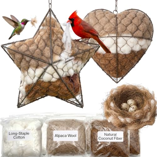 2-Pack Heart & Star Shaped Alpaca Fiber Bird Nesting Holder, Refillable Nesting Material for Wild Birds & Hummingbirds, Outdoor Garden Decor & Bird Lover Gift - color: heart+star
