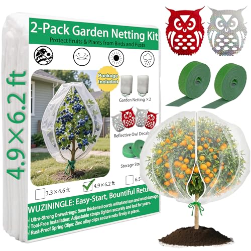 Fruit Tree Netting Cover with Drawstring, 2 Pack 4.9x6.2 ft Bird Barrier Mesh for Blueberry Bushes/Vegetables, Bonus 4 Owl Scare Tapes & 2 Fastening Straps - size: 4.9×6.2 ft