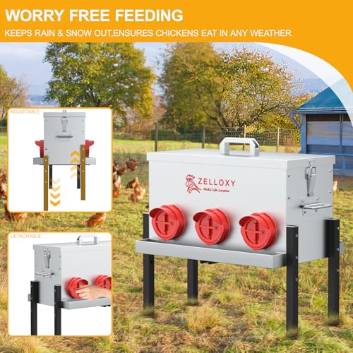 No-Waste Automatic Chicken Feeder, 30 lb Galvanized Metal Poultry Feeders with Adjustable Height, Locking Lid, Feeding Through, Feeder Box Stands for Chicks, Duck, (6 Ports)