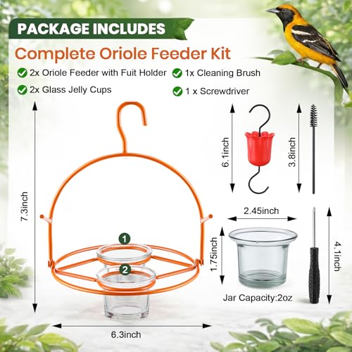 2 Pack Oriole Bird Feeder for Outdoors Jelly and Oranges, Hanging Oriole Feeder with Ant Moat & 2 Glass Cups & Cleaning Brush & Screwdriver, Metal Bird feeders for Outdoors for Jelly Nectar (2 Cups)
