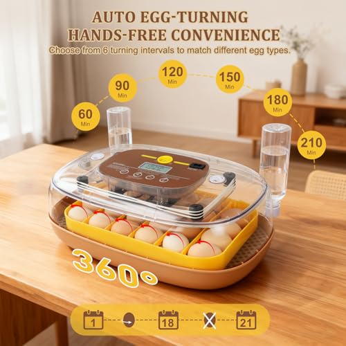 Gen III - 24 Egg Automatic Incubator, Stage-Based Adaptive Humidity with Auto-Refill, Stable Temp Control, Flexible Spacing, Adjustable Auto Turning & Lockdown, Custom Incubation Days, Candler, Alarm - size: 24 egg-brown