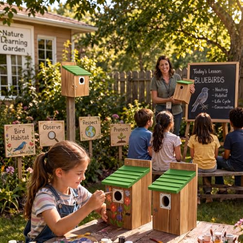 Dreyoo 4 Pack Bluebird Houses for Outside with Metal Predator Guard, 1-1/2" Entrance Hole Wooden Blue Bird Houses for Outdoors, Bluebird Nesting Box (Green Roof, Burnt Wood Body) - color: Green Roof, Burnt Wood Body
