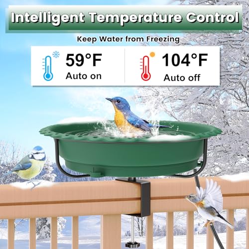 Heated Bird Bath for Outdoors,Deck Railing Heated BirdBaths,Green | Upgraded 100W,Thermostatically Controlled,Adjustable Clamp 3.2",Easy Clean/Install,Detachable Bowl,Garden Yard Patio Lawn - color: Green