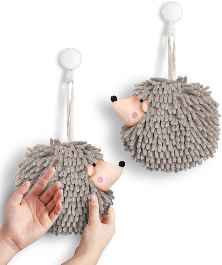 Hedgehog Shape Hanging Ring Hand Towels, 2-Pack, Gray, Chenille Super Absorbent Quick-Dry Towels, Household Cleaning Cloths for Bathroom and Kitchen - color: Hedgehog(gray)
