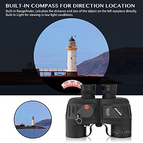 AOMEKIE 10x50 Waterproof Marine Binoculars for Adults with Rangefinder Compass BAK4 Prism FMC Lens for Birdwatching Hunting Boating Fishing Water Sports(Black) - color: Black