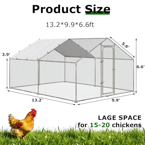 Large Metal Chicken Coop, 13.2x9.9x6.6ft Bold Chicken Pen with Spire Shape | Heavy Duty Walk-in Outdoor Enclosure with Waterproof Anti-UV Cover. Poultry Cage Suitable For Chicken, Duck, Rabbit and Dog. - size: 158.4"L x 118.1"W x 76.8"H