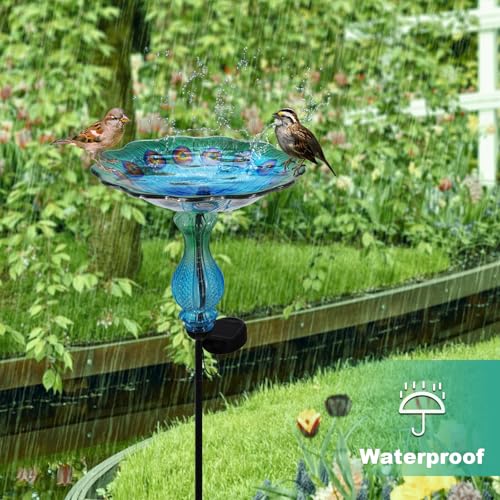 Blue Peacock Ground Stake Solar Bird Feeder for Outside,Bird Pond Outdoor Glass BirdBath with Metal Stake Garden Yard Outdoor, Garden Decoration Yard 32 inches