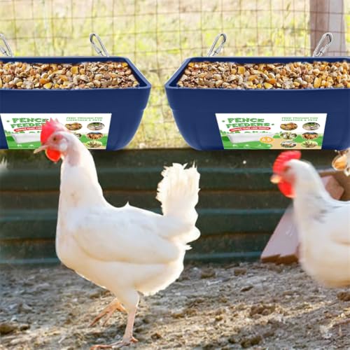 Chicken Feeder Waterer, Hanging Fence Feeders, Poultry Feed Trough Bucket with Clips for Goat Duck Sheeple Piglets Horse 2 Pack (Blue)