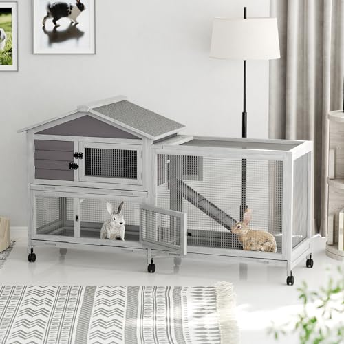 2-Story Wooden Rabbit Hutch & Chicken Coop with Wheels, Indoor/Outdoor Bunny Cage with Waterproof Roof, Removable Cleaning Tray & Access Ramp for Chicken, Rabbit - size: 63.2 inch
