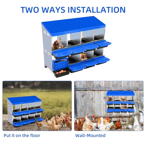 GarveeHome 2-Tier Chicken Nesting Box, 8 Compartment Metal Chicken Laying Boxes with Waterproof Roof ＆ Removable Trays for Hens, Poultry，Easy Egg Collection - color: Blue, size: 8 holes