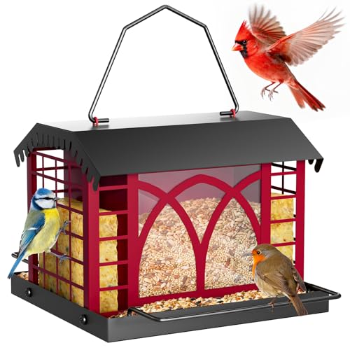 Bird Feeders for Outdoors Hanging, Metal Bird Feeder with Double Suet Cage Weatherproof Metal Roof, 3.5Lbs Large Capacity Great for Attracting Finch Cardinal Chickadee Wild Birds, Berry Red - color: Berry Red