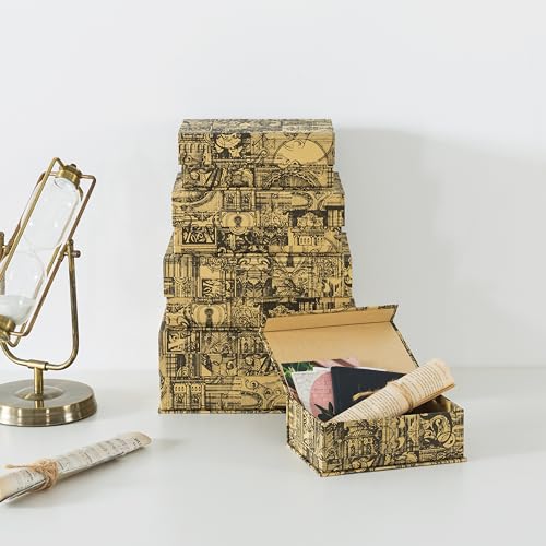 Soul & Lane - Vintage Voyage Decorative Boxes with Magnetic Lids, Set of 5 | Nesting Cardboard Keepsake Storage Boxes with Flip Closure, Large Antique Style Gift Organizers for Memories and Home Decor - color: Vintage Voyage