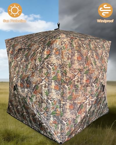 Portable Hunting Blind for 3-4 Persons for Turkey Duck Hunting | 270° See Through Ground Deer Blind with Silent Windows, Windproof Pop Up Blind with Carry Bag, Tent Stakes and Wind Ropes