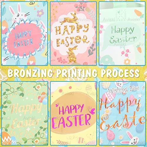 Aviski 12PCS Happy Easter Egg Hunt Bags Bunny Carrot Chick Egg Gift Bag with Handles, Easter Treat Bags, Non-Woven Gifts Wrapping, Spring Party Supplies - color: Foil Green Pink Blue Yellow
