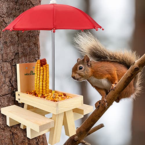 Squirrel Feeder Table with Umbrella, Wooden Squirrel Picnic Table Feeder, Sturdy Squirrels Feeder Corn Cob Holder, with Solid Structure and 2 x Thick Benches(1pk) - color: 1-Red