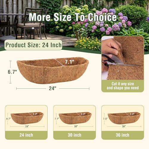 4 Pcs 24" Trough Coco Liner for Planter, 100% Natural Coco Fiber | Replaceable Coconut Fiber Liner for Window Boxes, Wall Planter & Fence Flower Baskets,Breathable & Eco-Friendly (4, 24 inch) - size: 24 inch