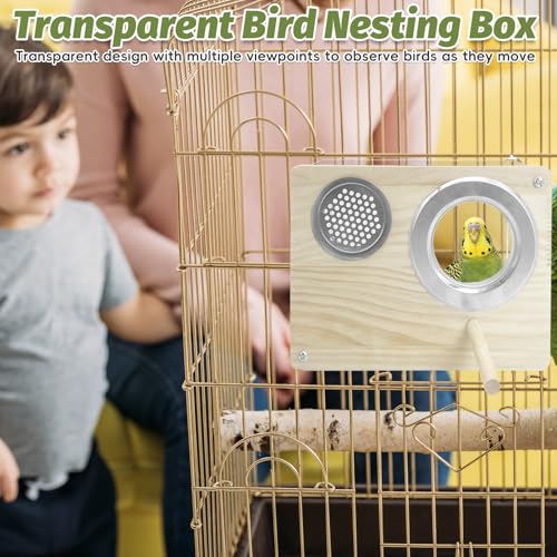 PINVNBY Transparent Acrylic Parakeet Nesting Box Budgie Breeding Box Bird Nest for Cage for Bird House with Perch for Parrots, Cockatiels, Lovebirds and Small Birds (L: 8.07 x 6.2 x 3.93 inch) - size: Acrylic,L: 8.07*6.2*3.93 inch