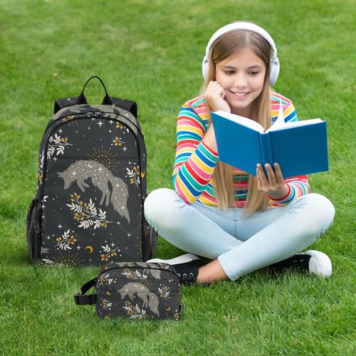 Magical Fox Stars Moons Boho Backpack with Lunch Bag, School Backpack for Teens Boys Girls Kids Travel Backpacks Set - color: Green