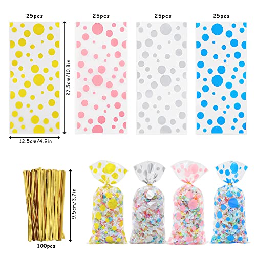 Polka Dot Cellophane Bags, 100pcs Clear Treat Bags, Plastic Christmas Cello Bags Sweets Bags with 100 Twist Ties for Goodie, Cookies, Nut, Wedding Birthday Easter Party Favor Supplies (4 Pattern)
