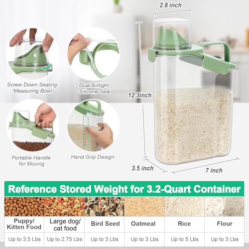 TBMax Rice Container Cereal Storage Container 2 Pack, Kitchen Pantry Dry Food Storage Holder with Easy-Pouring Spout & Handy Cup, Small Pet Dog Cat Food Dispenser for Daily Feeding - color: Beige&Green 3.2+3.2Qt