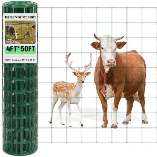 Gisafai 16 Gauge Galvanized Welded Wire Fence 4 ft x 50 ft PVC Coated Hardware Cloth, 2.36" x 2.36" Mesh, Heavy Duty Garden Fencing Roll for Chicken, Dog Yard, Deer Cattle & Animal Protection(Green) - color: Green, size: 4 ft X 50 ft