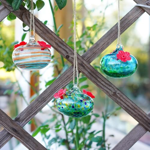 3PCS Glass Hummingbird Feeders for Outdoors with 2 Flower Feeding Ports | Lead-free, Bee-resistant Fower Feeding Ports, Dual-use Garden Decorative Feeder - color: Color-B