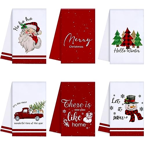 Oudain 6 Pcs Christmas Kitchen Towels Red and White Christmas Hand Towels Xmas Tree Snowman Dish Cloths 24 x 16 Inch Santa Truck Decorative Tea Dishcloths for Home Kitchen Bathroom Winter Xmas Gifts - color: Santa