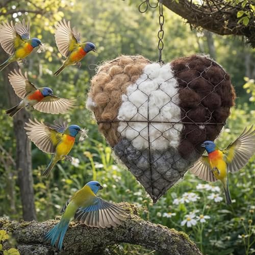 Handmade Alpaca Fiber Bird Nesting Heart, Birds Nests Material Holder, Winter Tree Shelter for Wild Bird, Hummingbird Houses Nest Boxes Gifts for Outside Garden Art Birdhouse, Birds Lovers