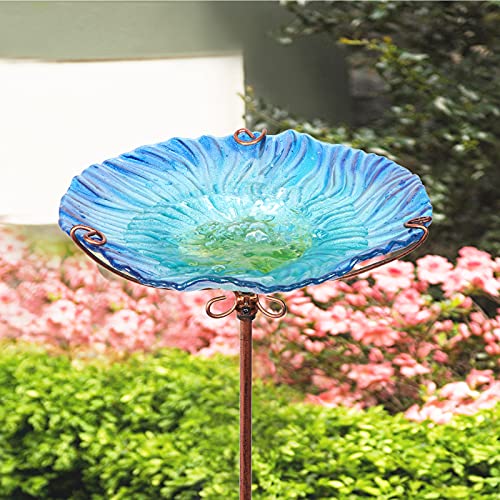 Glass Bird Bath for Outside, Blue Bird Feeder Birdbaths for Oudoors | 26 Inch Blue Bird Baths Combines Garden Decor & Bird Feeder Functions, Stable Four-Prong Stake, Easy to Install and Clean - color: Blue