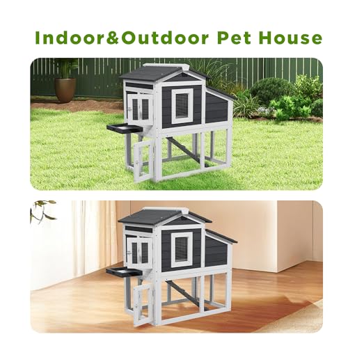 Wooden Rabbit Hutch Indoor,2 Story Bunny House | Openable Asphalt Roof, Removable Tray, Wire Fence, Lockable Doors, Access Ramp, Nesting Box - color: White