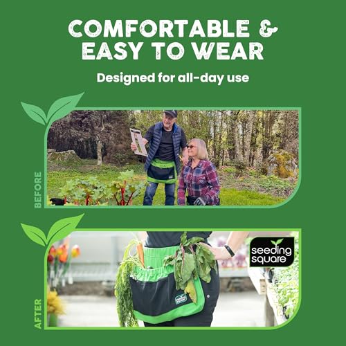 Harvest Apron Hands-Free Gardening Apron for Fruits, Vegetables, Tools – Adjustable, Durable, Washable - color: Black Pockets on Green