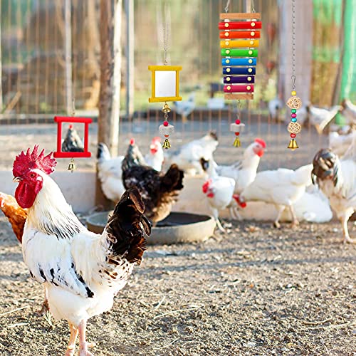 Sumind 6 Pieces Chicken Mirror Chicken Toys for Coop with Bells, Hen Xylophone Toy with 8 Metal Keys, Parrot Grinding Stone, Sepak Takraw Toy, Dangling Bird Toy