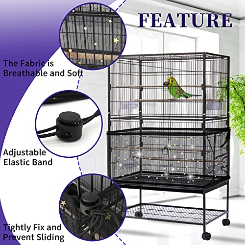 Daoeny Large Bird Cage Cover, Bird Cage Seed Catcher, Adjustable Soft Nylon Mesh Net with Twinkle Moon Star, Birdcage Cover Skirt Seed Guard for Parrot Parakeet Macaw Round Square Cages (Black) - color: Black, Sequins Star