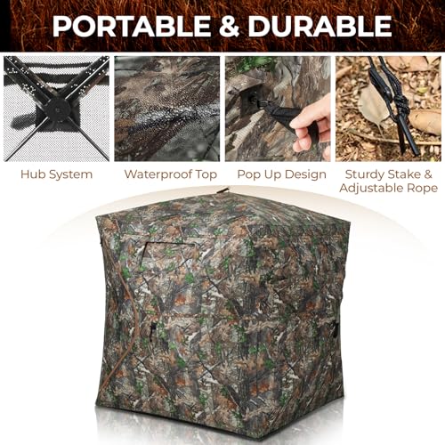 Portable Hunting Blind - 270°/360°See Through with Waterproof Floor Mat | Detachable Ground Mat, Silent Adjustable Windows, Pop Up Ground Blind for 2-4 Person, Camouflage Shelter for Turkey Deer - size: 3-4 Person（270° See Through）