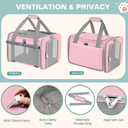 Cat Carrier Airline Approved Privacy Portable Top Load Pet Travel Bag | Soft Sided Pet Carriers for Small Cats Dogs Puppy up to 16 Lbs,Collapsible,Zipper Lock,Luggage Sleeve,2 Storage,Washable - color: Pink
