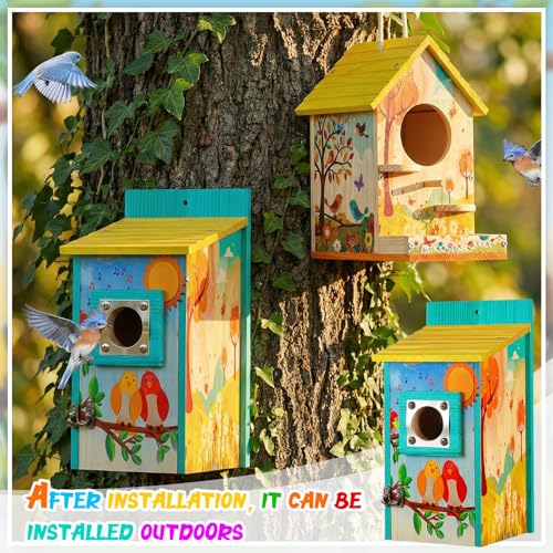 Liliful 4 Pack Birdhouse Crafts for Kids, Wooden Creative DIY Bird House Kits Arts and Crafts Set for Kids and Adults, Spring Birthday Gifts for Toddlers Ages (Playful Style) - color: red, yellow, blue, green, white, black