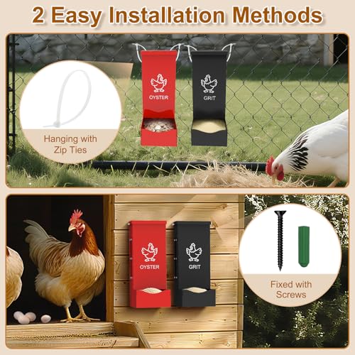 2 Pack Chicken Grit Oyster Shell Feeder, Metal Gravity Feeder with Lid | Wall Hanging Chicks Food Dispenser Chicken Coop Accessories for Hens Ducks Pigeons, Red+Black - color: Red + Black