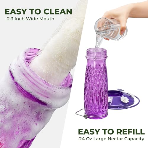 Kingsyard 2 Pack Glass Hummingbird Feeder for Outdoors with Ant Moat | 24 oz, Wide-Mouth Opening, 6 Metal Feeding Ports, Bee Guard, Easy to Clean & Refill Nectar, 360 Degree Perch, Purple - color: Purple