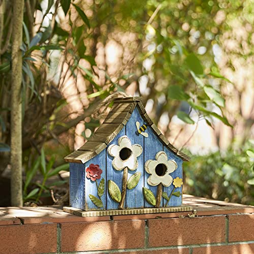 Glitzhome Hanging Birdhouses for Outdoors, 10.75" L Distressed Solid Wood Birdhouse Bird Nesting Box with 3D Flowers Rustic Hand-Painted Bird Houses for Outside - color: 3D Flowers Washed Blue